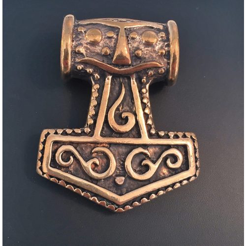 Vikingevedhæng bronze Thorshammer - Mjølner med Krigermaske XL, Vikingevedhæng i bronze - Thors hammer "Mjølner" med Krigermaske XL