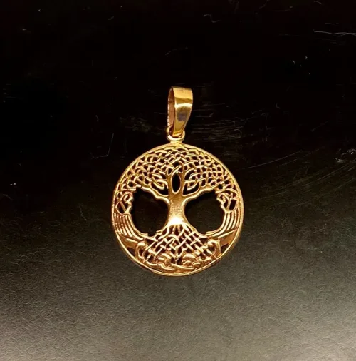 Vikingevedhæng i bronze - Livets træ "Yggdrasil med keltisk flet, livstræ, keltisk, rødder, rodnet, fletværk, evighed, uendelig, symbol, vedhæng, bronze, gyldent, ægte, original, smykke, rundt, vikingesmykker, vikinger, fund, museumssmykker, gamle, nordisk, mytologi, aser, asatro, biti, ribe, vadehavet, ansgar, domkirke