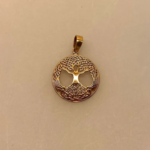 Vikingevedhæng i bronze - Livets træ "Yggdrasil med keltisk flet, livstræ, keltisk, rødder, rodnet, fletværk, evighed, uendelig, symbol, vedhæng, bronze, gyldent, ægte, original, smykke, rundt, vikingesmykker, vikinger, fund, museumssmykker, gamle, nordisk, mytologi, aser, asatro, biti, ribe, vadehavet, ansgar, domkirke
