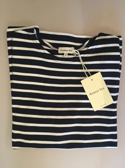 Armorlux T-shirt - interlock bomuld, Model 5409, stribet marine/hvid, damemodel 3/4 ærmer m ombuk