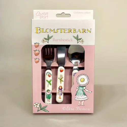 Elsa Beskow Børnebestik - Blomsterbarn, blomsterbørnene, barselsgave, dåbsgave, til de små, nostalgisk, emil, børneservice, barnebestik, Elsa Beskow service bestiksæt, rätt start, 3909
