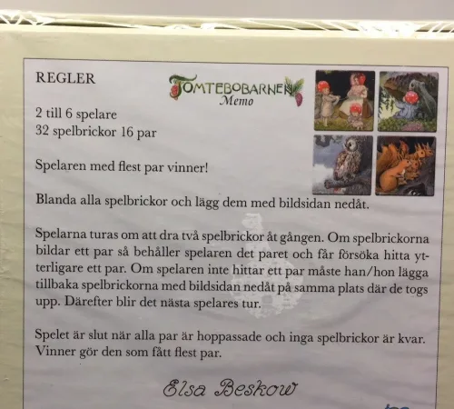 Elsa beskow spil memo tomtebo børnene