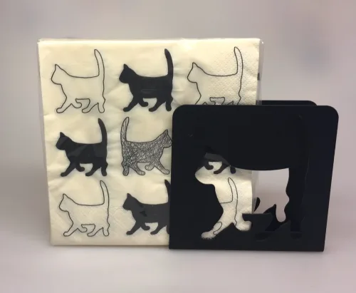 Servietter hvide med sorte Katte - Servietholder metal - Firkantet sort med kat