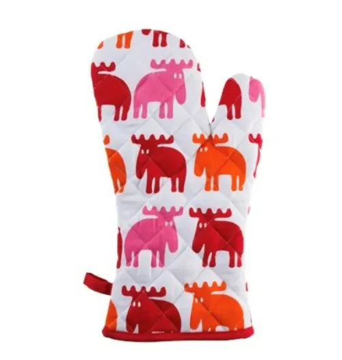 Grillhandske - bomuld med tryk - Elge rød/rosa/orange