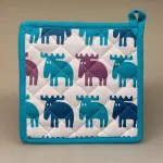 Grydelap - bomuld med tryk - Elge blå/lilla/turkis, ting med, elge, elsdyr, svensk, sverige, køkken, tekstiler, bagning, madlavning, praktisk, særlig, flot, sjov, gave, gaveide