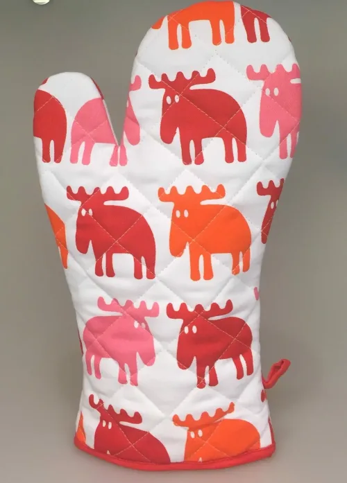 Grillhandske - bomuld med tryk - Elge rød/rosa/orange