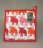 Grydelap - bomuld med tryk - Elge rød/rosa/orange, ting med, elge, elsdyr, svensk, sverige, køkken, tekstiler, bagning, madlavning, praktisk, særlig, flot, sjov, gave, gaveide