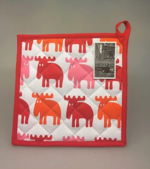 Grydelap - bomuld med tryk - Elge rød/rosa/orange, ting med, elge, elsdyr, svensk, sverige, køkken, tekstiler, bagning, madlavning, praktisk, særlig, flot, sjov, gave, gaveide