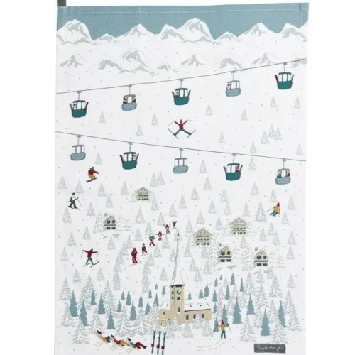 Viskestykke Bomuld med tryk - Skiløbere, lift og hytter