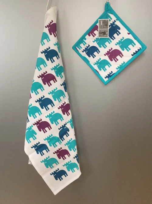 Viskestykke Bomuld med tryk - Elge blå/turkis/lilla - Grydelap - bomuld med tryk - Elge blå/lilla/turkis