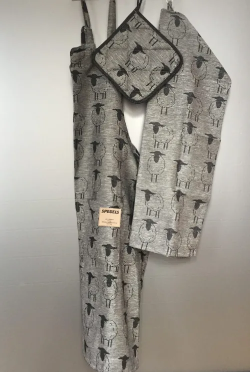 Grydelap (1) - vævet bomuld/hør - Får sort/grå - Forklæde vævet hør/bomuld - Får sort/grå - Viskestykke vævet - Hør/Bomuld - sort/grå Får