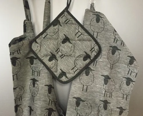 Grydelap (1) - vævet bomuld/hør - Får sort/grå - Forklæde vævet hør/bomuld - Får sort/grå - Viskestykke vævet - Hør/Bomuld - sort/grå Får