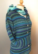 Alpaca cardigan - Rayas med rund hals - Turkis/petrol/lime