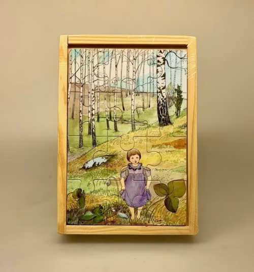 Elsa Beskow trææske med 4 puslespil - Mors lille Ole, astrid lindgren, svensk, sverige, børneting, ting til børn, træ legetøj, legetøj, børnespil, gammelt, eventyr, børnesange, lystige viser, for børn, baby shower, barselsgave, fødselsdagsgave, børnehave, dåbsgave, barnedåb, biti, ribe