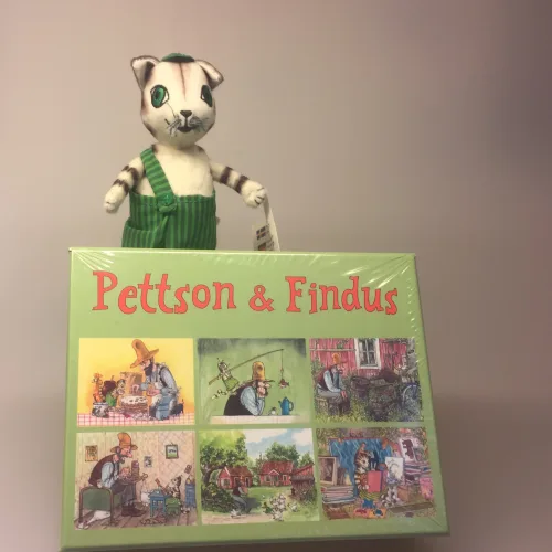 Findus og Pedersen Klodspuslespil , findus, petterson, pettson, klodser, klodspuslespil, klodspussel, klodspuzzel, billedklodser, spil, for de små. børnespil, børneting, fendus, findos, svensk, pandekagekage, bondegård, småland,