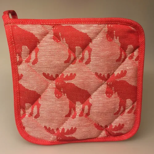 Vævet Grydelap - Bomuld & Hør - Elge Rød, Grydelap (1) - vævet bomuld/hør - Elge rød, røde grydelapper, natur, hør, bomuld, elg, elge, elgsdyr, svensk, svenske, sverige, design, småland, skåne, skove, natur, køkken, jul, tekstiler, stiligt, hyggeligt