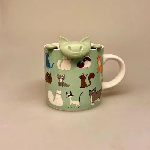 Krus Porcelæn - Katte Grøn, kattekop, kattekrus, te, kaffe, kaffekop, kaffekrus, tekop, tekrus, ting med, katte, misser, kattejeer, katteelsker, gule, grå, sort, stribet, stribede, killing, kære, speciel, gave, gaveide, tedrikker, tesi, smart, engelsk, afternoon, tea, biti, ribe