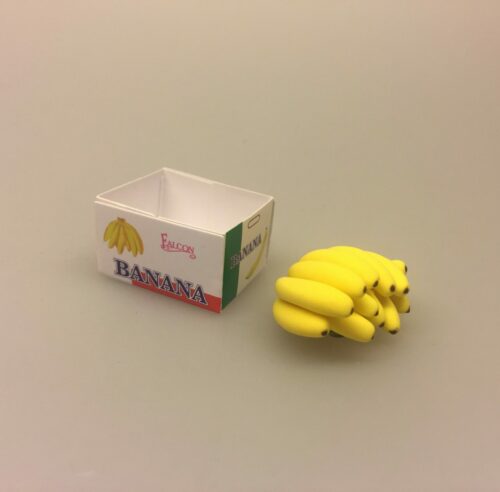 Miniature Kasse med bananer, banana, banankasse, bananklase, modne bananer, frugt, frugtkasse, dukkehus, dukkehusting, dukker, dukkestørrelse, mini, miniature, miniaturer, samler, 1:12, skala, legemad, biti, ribe