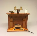 Miniature kamin valnød, miniature, miniaturer, dukkehus, dukkehusting, dukkehustilbehør, ting til dukkehuset, 1:12, kamin, kaminhylde, op på kaminhylden, og glimmer på, hella joof, pejs, åben pejs, ildsted, kakkelovn, brændeovn, nissebo, nissedør, santa, chimney, chimny, nissetilbehør, nisseting, ting til nisser, jagthytte, trofæ, elg, elsdyr