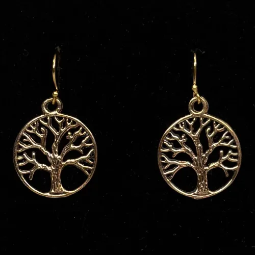 Ørehængere i bronze - Stiliseret Rund Yggdrasil, Vikinge Ørehængere i bronze - Livets træ Yggdrasil rundt, Vikinge Ørehængere i bronze - Livets træ, bronze, øreringe, ørehængere, yggdrasil, livets træ, livstræ, vikingesmykker, museumssmykker, museums, kopismykker, fund, smykker, asatro, aser, gyldne, symetrisk, flotte, kvalitet, runde, kvalitet, biti, ribe