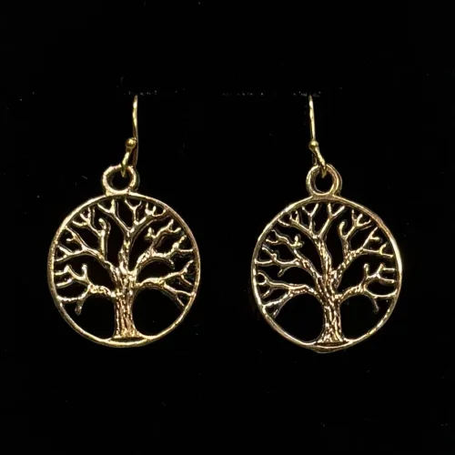 Ørehængere i bronze - Stiliseret Rund Yggdrasil, Vikinge Ørehængere i bronze - Livets træ Yggdrasil rundt, Vikinge Ørehængere i bronze - Livets træ, bronze, øreringe, ørehængere, yggdrasil, livets træ, livstræ, vikingesmykker, museumssmykker, museums, kopismykker, fund, smykker, asatro, aser, gyldne, symetrisk, flotte, kvalitet, runde, kvalitet, biti, ribe