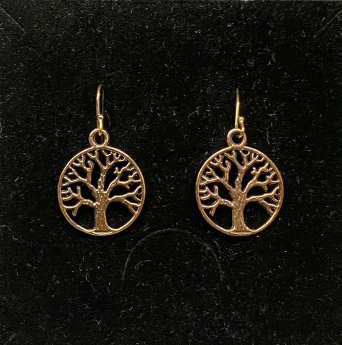 Ørehængere i bronze - Stiliseret Rund Yggdrasil, Vikinge Ørehængere i bronze - Livets træ Yggdrasil rundt, Vikinge Ørehængere i bronze - Livets træ, bronze, øreringe, ørehængere, yggdrasil, livets træ, livstræ, vikingesmykker, museumssmykker, museums, kopismykker, fund, smykker, asatro, aser, gyldne, symetrisk, flotte, kvalitet, runde, kvalitet, biti, ribe