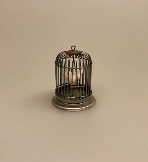 Miniature Fuglebur med fugl, Miniature Fuglebur med fugl, bur, kanariefugl, undulat, fuglebur, pipfugl, 1:12, dukkehus, dukkehusting, dukkehustilbehør, ting til, dukkehuset, miniaturer, miniature, sætterkasse, sættekasse, sangskjuler, symbolik, kæledyr, biti, ribe