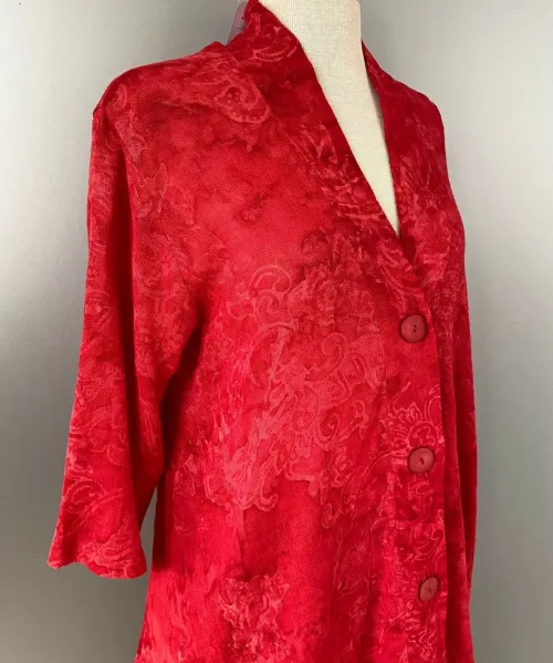 Uno Jakke i A-facon med Hør - Rød, koldrød, bærrød, lang, jakke, hørjakke, afslappet, casual, festlig, vidde, rummelig, kimono, batik, biti, ribe, diva, flot, farver, farveglad, ghita nørby,