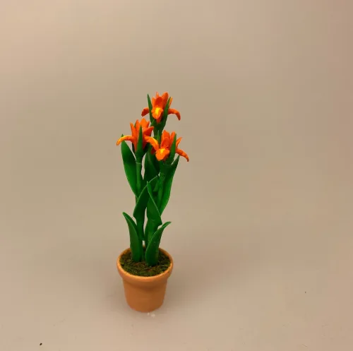 Miniature Potte med orange Iris, blomst,, påske, påskeblomster, mini, urtepotte, lerpotte, blomsterpotte, dukkehus, dukkehusting, dukkehustilbehør, 1:12, skala, mini, miniature, miniatyre, miniaturer, sættekasse, sætterkasse, sangskjuler, symbolsk, gavekort, planteskole, haven, have entusiast, havemand, gartner, uddannet, biti, ribe, landskabsarkitekt,