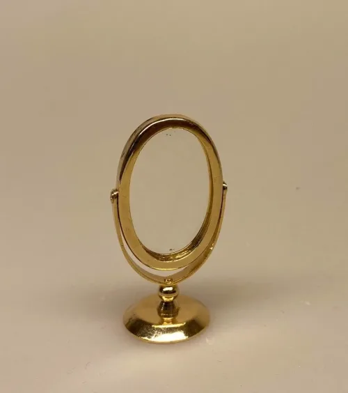Miniature Bordspejl Messing, guld, messing, spejl, bordspejl, dukkehusspejl, lillebitte, miniaturer, miniaturespejl, dukkehustilbehør, dukkehusting, badeværelse, skønhedsbehandling, gavekort, sangskjuler, biti, ribe
