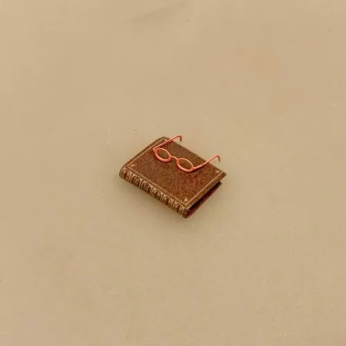 Miniature Bog og briller, hardback, læsehest, journalist, forfatter, digter, gave, gaveide, minibog, miniaturer, lillebitte, sættekasse, ting til, dukkehus, dukkehusting, dukkehus tilbehør, biti, ribe, skala, 1:12