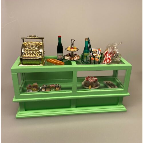 Miniature Lang Disk lysegrøn, butiksdisk, dukkehus, dukkehusting, dukkehusbutik, miniaturer, skala 1.12, legetøj, dukkebutik