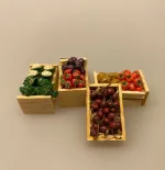Miniature Kasse med Blomkål & Broccoli,Miniature Kasse med Kirsebær,Miniature Kasse med Blommer & Jordbær,Miniature Kasse med kartofler, miniature, miniaturer, dukkehus, dukkehusting, sættekasse, sætterkasse, grøntsager, grønthandler, mini, kartofler, biti, ribe, tilbehør, kirsebær