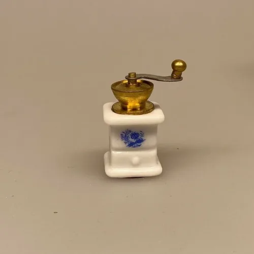 Miniature Porcelæn Kaffemølle, kaffekværn, kaffe, miniaturer, dukkehusting, dukkehus, 1:12, køkken, barista, nisser, nissedør, nissehus, nisse, tilbehør, ting, kvalitet, doll house, biti, ribe
