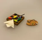 Miniature Træ Palette ,Miniature Trækasse med malertuber, oliemaling, akrylmaling, maler, kunstmaler, kunstner, artikler, hobby, maling, mini, krea, kreativ,