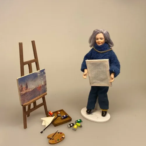 Miniature Trækasse med malertuber,Miniature Træ Palette,maler, Miniature Staffeli med 2 malerier, kunstnerstaffeli, malerstaffeli, kunstmaler, fritids, armatør, kunst, malerier, maleri, kreativ, gave, gaveide, kunstner artikler