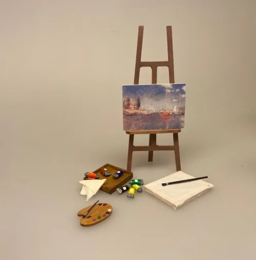 Miniature Træ Palette,maler, Miniature Staffeli med 2 malerier, kunstnerstaffeli, malerstaffeli, kunstmaler, fritids, armatør, kunst, malerier, maleri, kreativ, gave, gaveide, kunstner artikler, Miniature Trækasse med malertuber