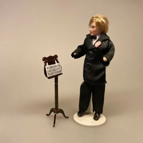 Miniature Nodestativ harpeformet, Miniature Nodestativ, musik, musiker, sanger, udøver, dukkehus, dukkehusting, dukkehustilbehør, gavekort, pengegave, symbolsk, koncert, koncertbilletter, instrument, orkestra, konservatorie, musikkonservatoriet