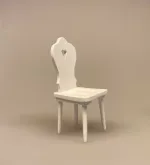 Hvid Miniature Køkkenstol med hjerte, stol, dukkemøbler, dukkehusmøbler, dukkehustilbehør, dukkehusting, miniaturer, biti, 1:12