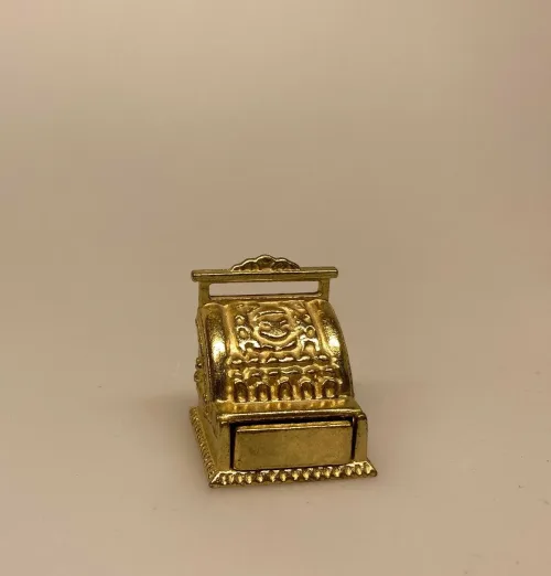 Miniature Kasseapparat Guld, Café og Butik, penge, pengegave, gavekort, pengekasse, shopping, shoppetur, gave, symbolsk, selvstændig, butik, butiksindehaver, nyåbnet, miniature, købmand,erhvervsdrivende, dukkehus, dukkehusting, dukkehustilbehør, biti, ribe