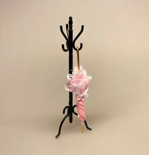Miniature Parasol Rosa med Blonde & Sløjfe, Blonde & Blomst ,Miniature ,Miniature , damehat, hat, feminin, dukkehat, dukkebutik, trikotage, dukkehus, dukkehusting, dukkehus tilbehør, ting til dukkehuset, dukkestue,samler, miniaturer, biti, ribe,solbeskyttelse, solfaktor