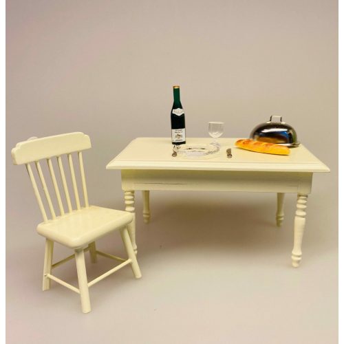 Miniature Spisebord med Skuffe - cremefarvet, flødefarvet, spisebord, dukkehusmøbler, dukkehus, dukkehuset, dukkehustilbehør, dukkehusting, miniature, miniaturer, ting til dukkehus, firkantet, biti, ribe