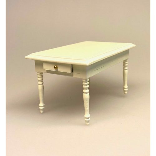 Miniature Spisebord med Skuffe - cremefarvet, flødefarvet, spisebord, dukkehusmøbler, dukkehus, dukkehuset, dukkehustilbehør, dukkehusting, miniature, miniaturer, ting til dukkehus, firkantet, biti, ribe, gavekort, symbolsk gave, gave, bord i gave, gavekort til møbler,