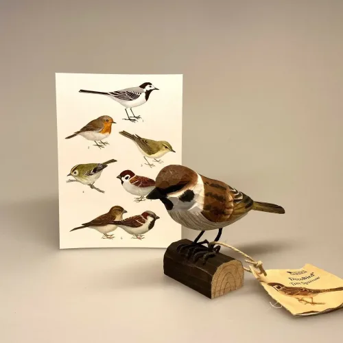 House sparrow, spurvefugl, danske fugle, fugle i farver, fuglefigur, model, træfugl, træfigur, wildlife garden, decobird, ornitolog, ornitologisk, samler, fugle, fugl, fugle entusiast, natur, den danske natur, fugleliv, gave, gaveide, jeg kigger på fugle, realistisk, naturlig, naturelsker, Biti, Ribe,Naturens fugle af træ - Gråspurv, Naturens fugle af træ - Skovspurv