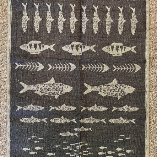 Viskestykke med Hør - Fisk, Viskestykke vævet - Hør/Bomuld - Fisk, fisker, fiskeri, eksklusivt, lækkert hørviskestykke, køkken, gaveide,, sort, biti, ribe, vadehavet, nationalpark, nyt køkken