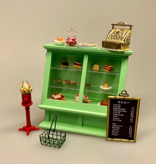 Miniature Menu skilt,Miniature Høj Disk lysegrøn, Miniature Lang Disk lysegrøn, butiksdisk, dukkehus, dukkehusting, dukkehusbutik, miniaturer, skala 1.12, legetøj, dukkebutik