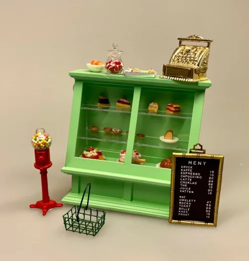 Miniature Menu skilt,Miniature Høj Disk lysegrøn, Miniature Lang Disk lysegrøn, butiksdisk, dukkehus, dukkehusting, dukkehusbutik, miniaturer, skala 1.12, legetøj, dukkebutik