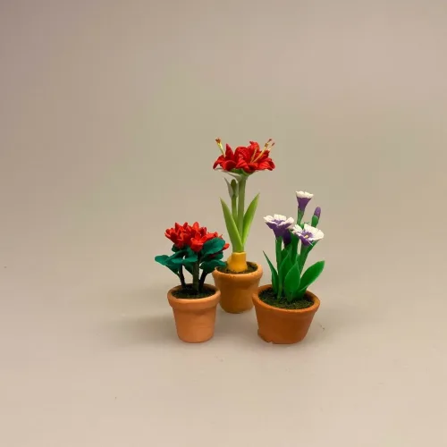 Miniature Potte med Røde blomster, cyklamen, juleblomst, blomst, urtepotte, Miniature Potte med Lyseblå blomster, Miniature Potte med Gule blomster, for glem mig ej, smørblomster, marguritter, margeritter, have, havearbejd, planteskole, miniaturer, dukkehus, ting til, dukkehus, dukketing, dukkehusting, nisser, nissetilbehør, nissedør, små, sættekasse, sætterkasse, sættekasseting, amagerhylde, små blomster, mini, biti, ribe,havearkitekt, landskabsarkitekt,Miniature Potte med Røde Amaryllis