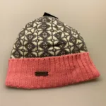 Strikket Hue uld med foer og ombuk - Grå/natur med Rosa, Strikket Hue uld med foer og ombuk- , lyserød, opbuk, opslag, ribkant, klædelig, varm, vindtæt, speciel, dansk mønster, design, biti, ribe, vinterhue, varme ører, vadehavet,