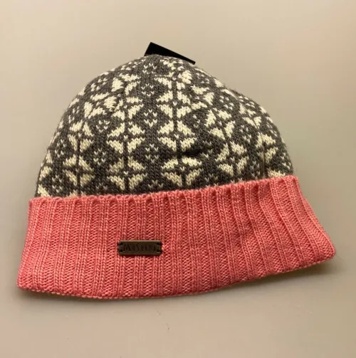 Strikket Hue uld med foer og ombuk - Grå/natur med Rosa, Strikket Hue uld med foer og ombuk- , lyserød, opbuk, opslag, ribkant, klædelig, varm, vindtæt, speciel, dansk mønster, design, biti, ribe, vinterhue, varme ører, vadehavet,